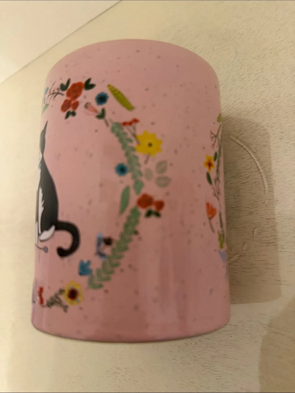 Cynthia Rowley Pink Cat Ceramic Mug with Floral Design